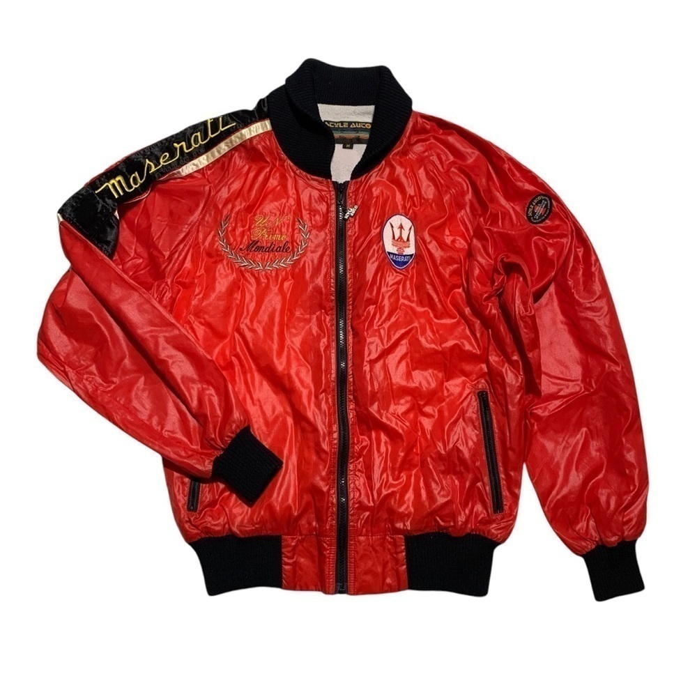 Vtg Style Auto M Maserati Red Embroidered Bomber Jacket